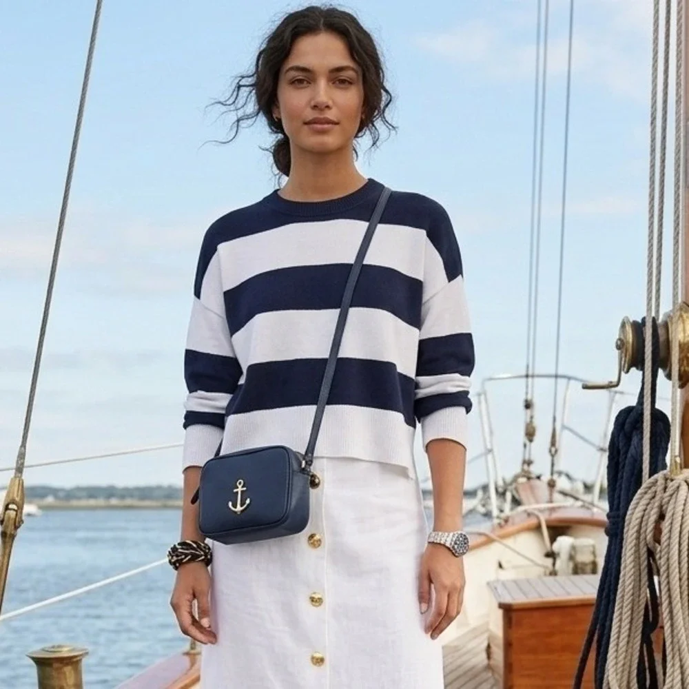 Abercrombie & Fitch Striped Sweater Womens Small Navy White Cropped Nautical - Picture 1 of 13